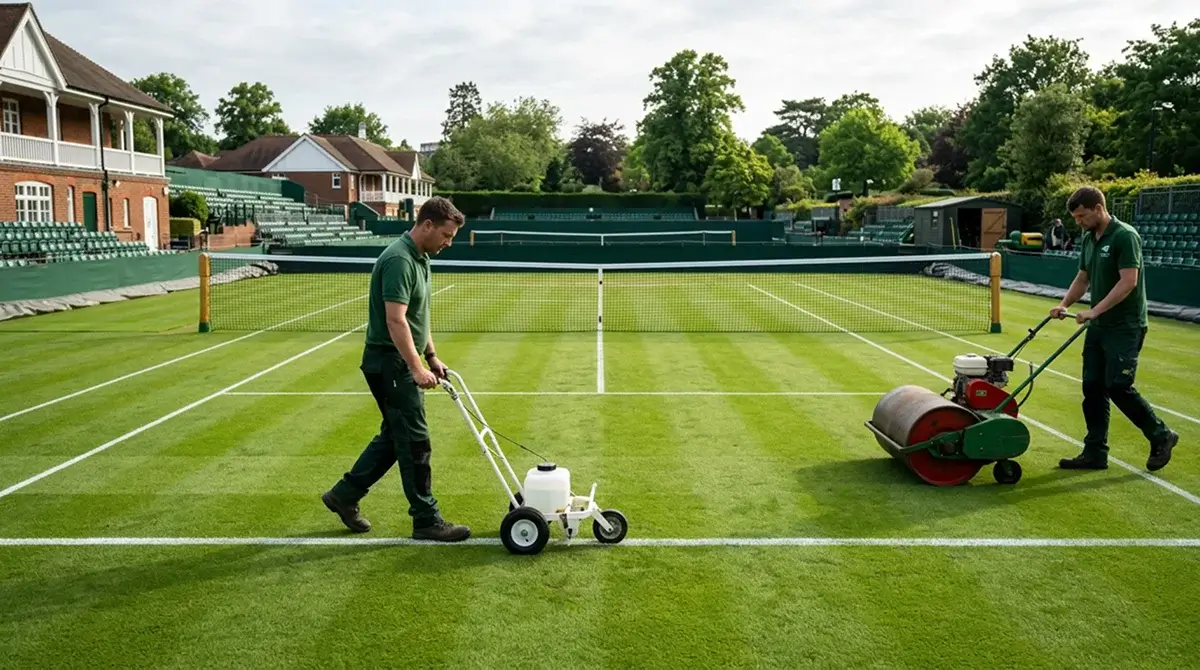 A grass court being prepared as the tour moves on from the clay swing