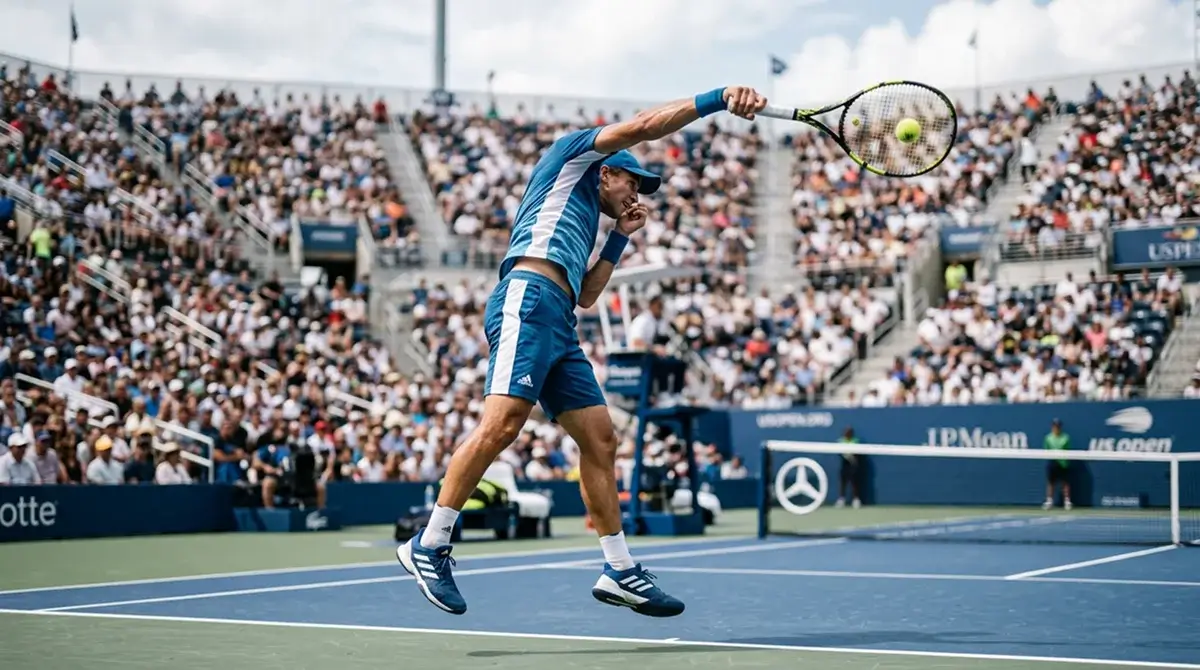 Tennis player at full stretch in the serving motion