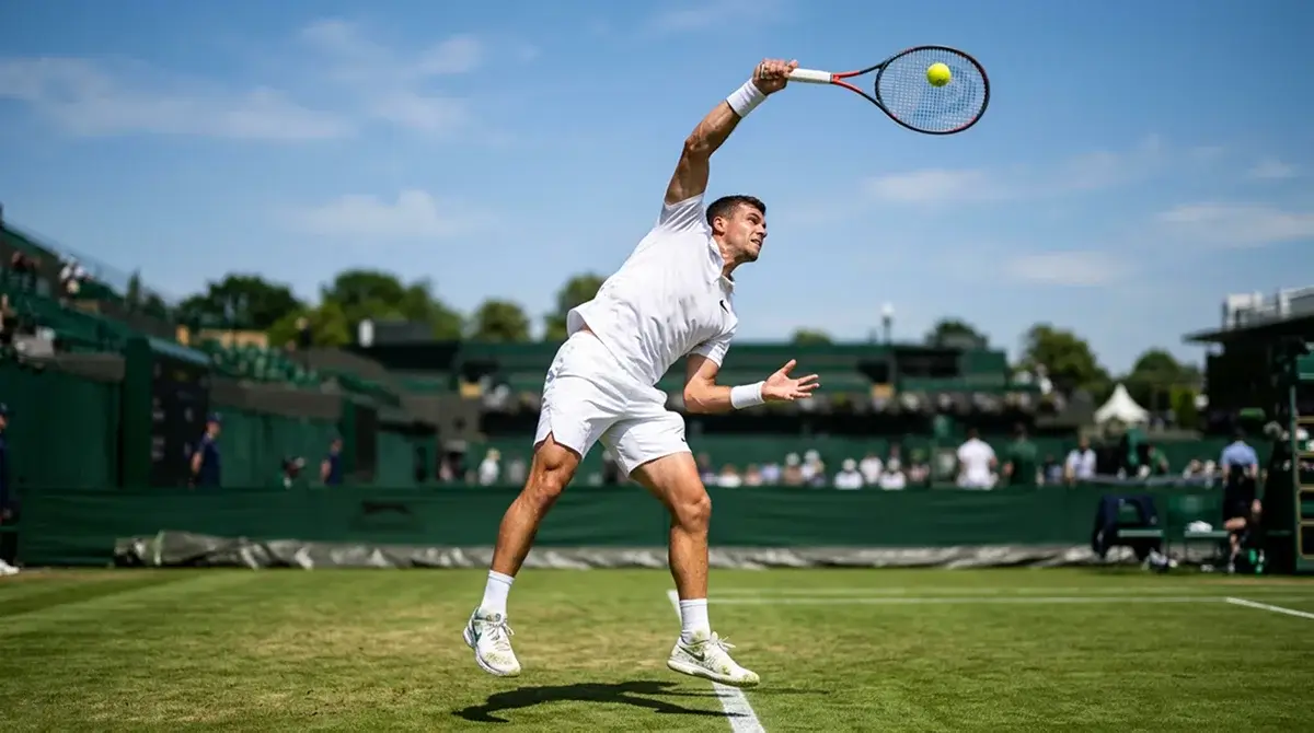 Tennis player striking a powerful serve on a fast court, the basis for aces prop markets