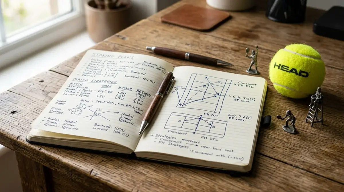 A notebook of handwritten staking plans beside a tennis ball on a wooden desk