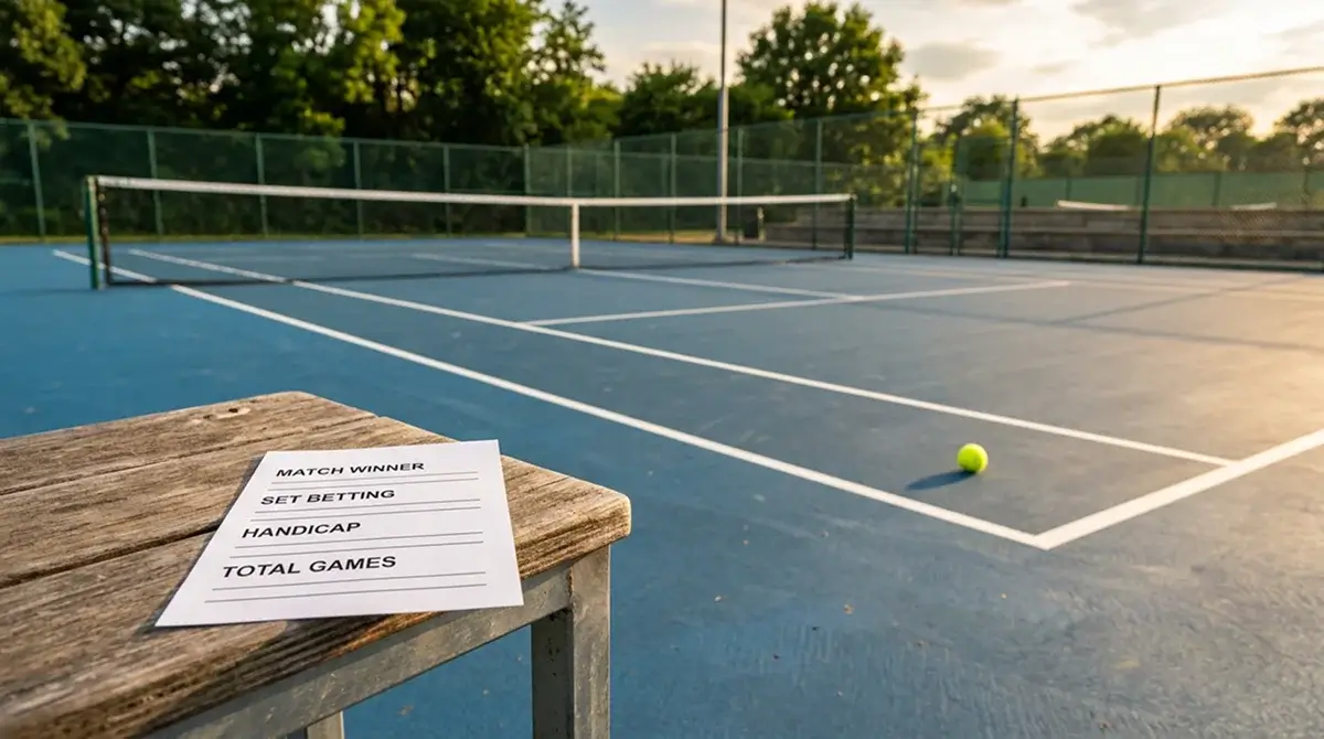Tennis court beside a betting coupon listing match winner, set betting, handicap and totals markets