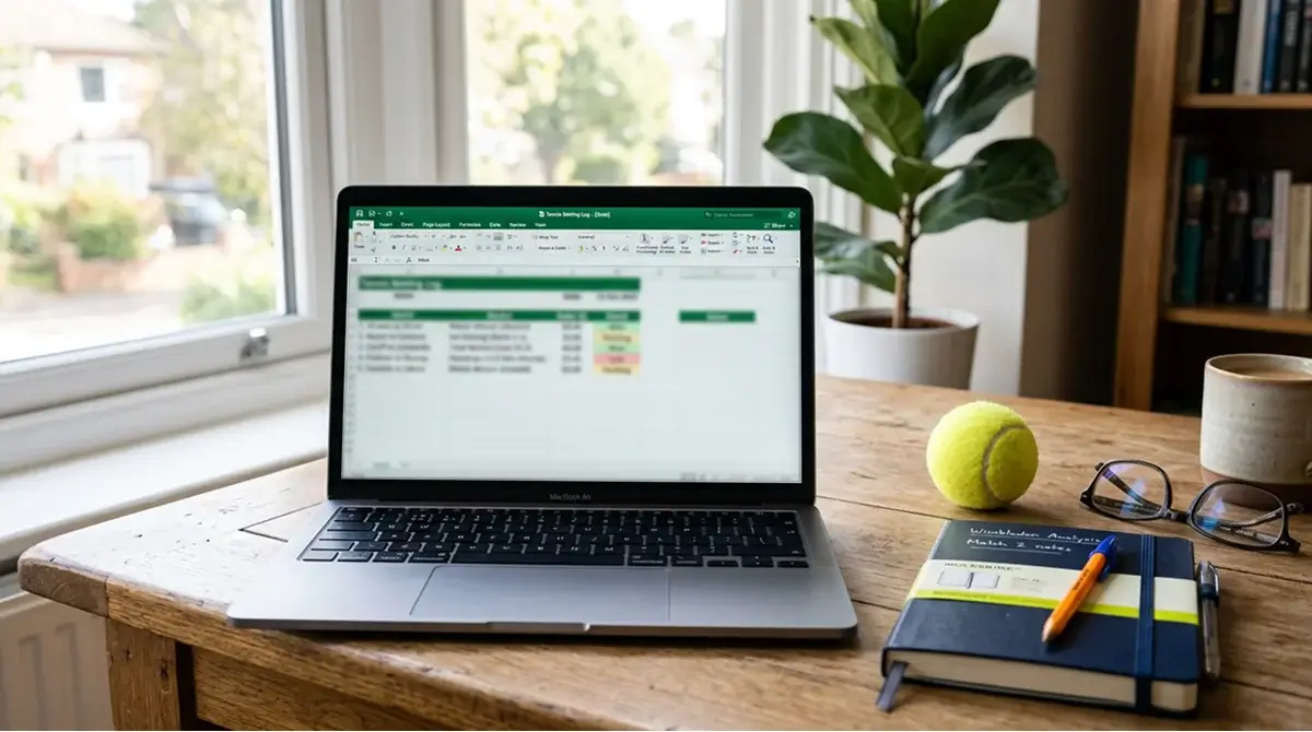 Laptop spreadsheet logging tennis bets and reasoning as part of a betting routine