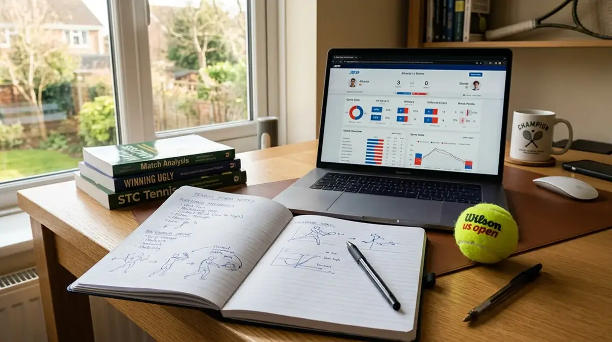 Tennis form notes and a staking plan beside a laptop showing match data