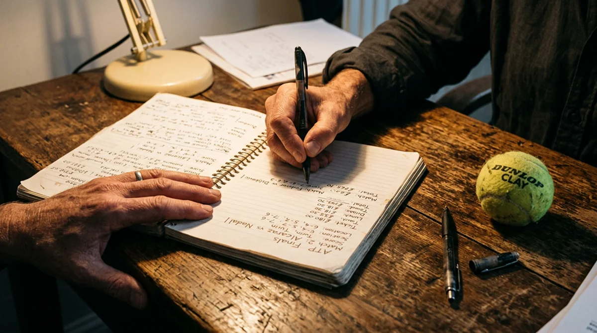 A focused bettor reviewing tennis results and prices in a notebook