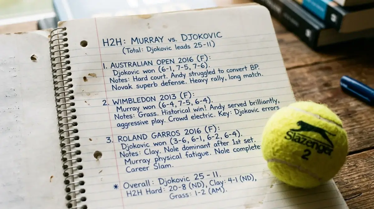 Handwritten head-to-head and recent form notes used to read a tennis matchup
