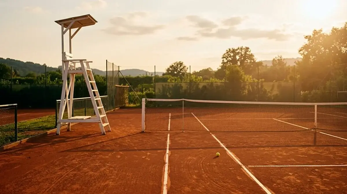 Umpire's chair beside a clay tennis court in late sunlight