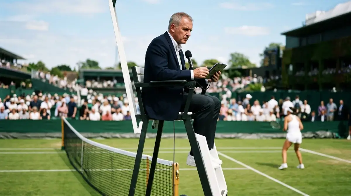 A chair umpire overseeing a professional tennis match, representing betting integrity