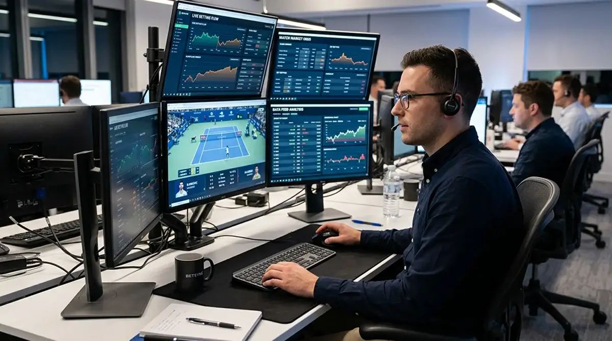 Analyst at monitoring screens watching betting data flows across tennis matches