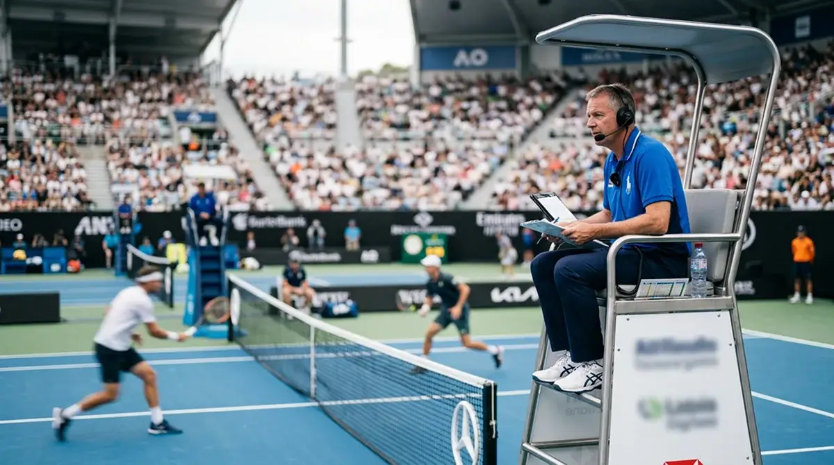 A chair umpire overseeing a professional tennis match from the high chair