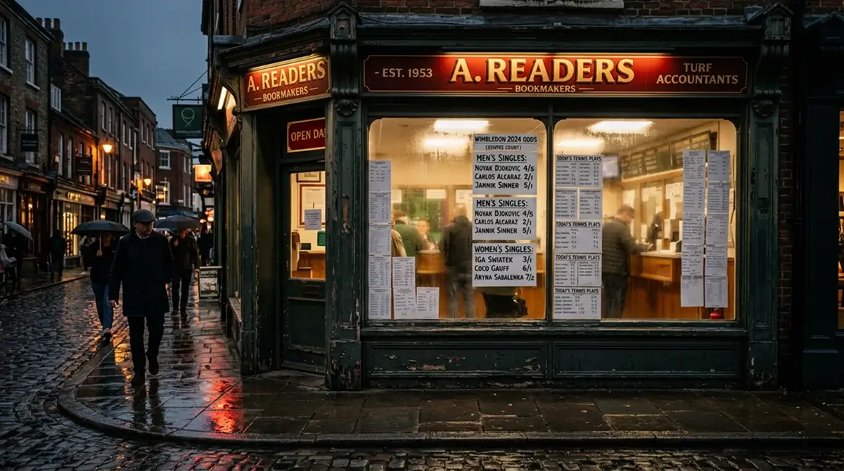 A traditional high-street betting shop window displaying tennis odds at dusk