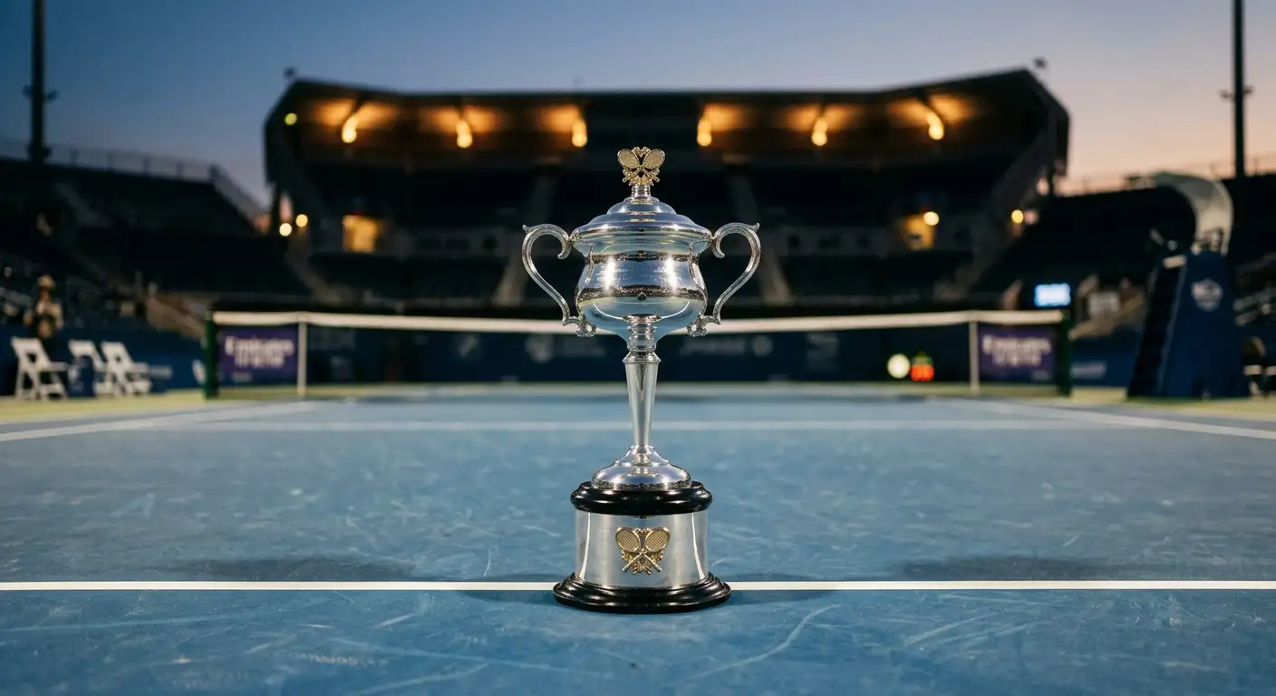 Tennis tournament trophy displayed on a show court