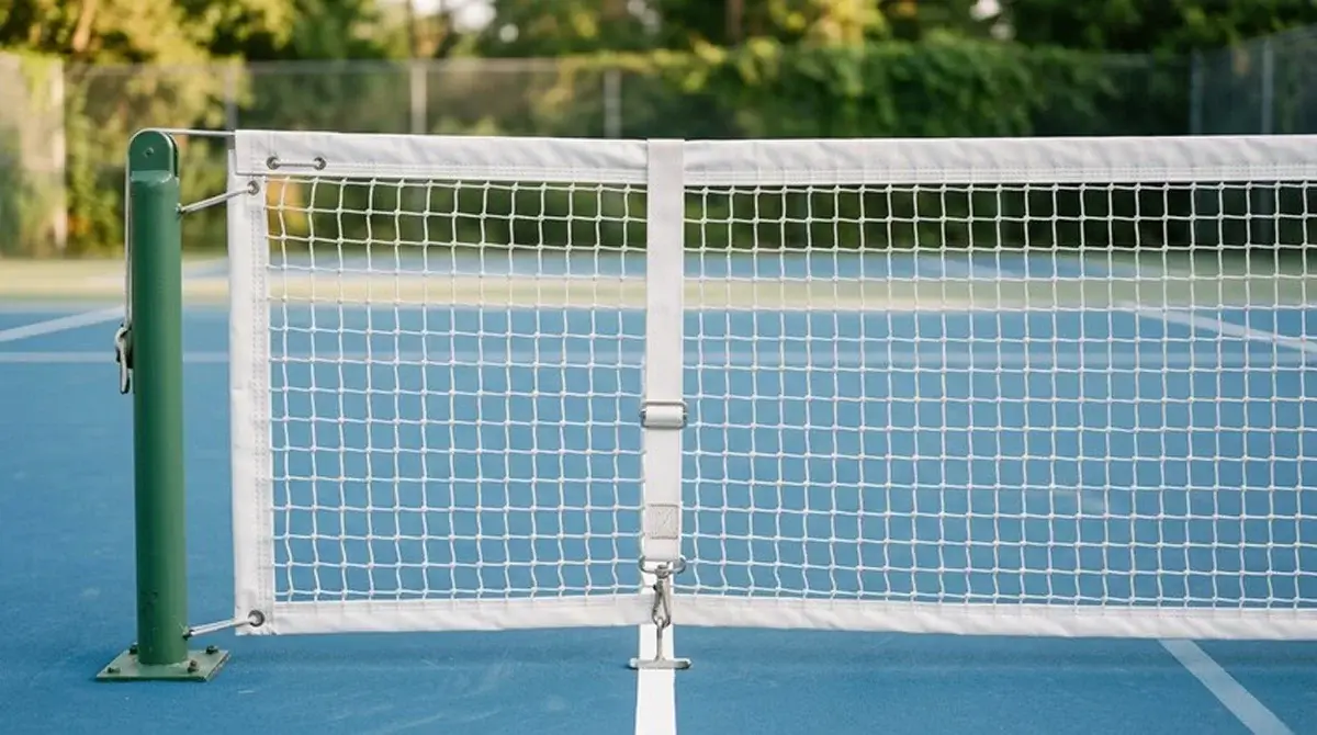 Empty tennis court with the net in sharp focus before play