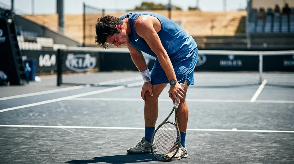 A fatigued tennis player bent over between points in punishing conditions