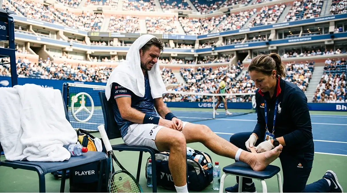 A tennis player sitting on court receiving medical attention during a match