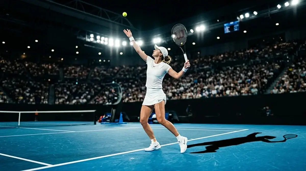 Tennis player preparing to serve under floodlights on a hard court