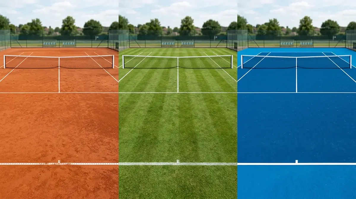 Clay, grass and hard tennis courts side by side showing how surface changes play