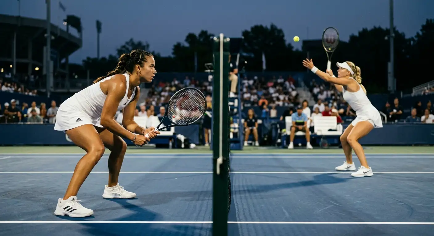 Two tennis players facing off across the net in a tight set
