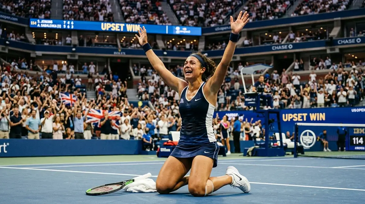 An outsider raising a fist after upsetting a higher-ranked opponent