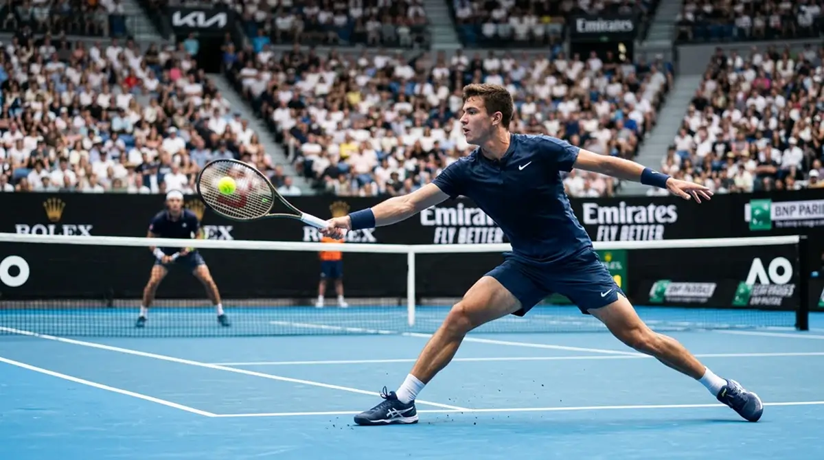 Long baseline rally on a hard court illustrating how total games over under lines are priced