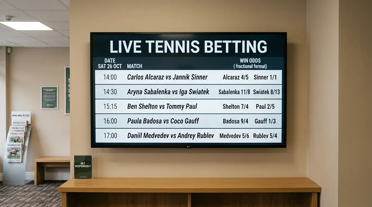A UK sportsbook screen listing tennis matches priced in fractional odds