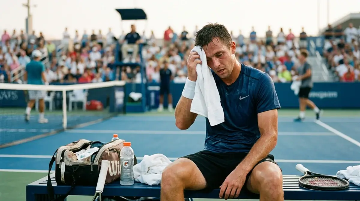 A player wiping away sweat in the New York heat at the US Open
