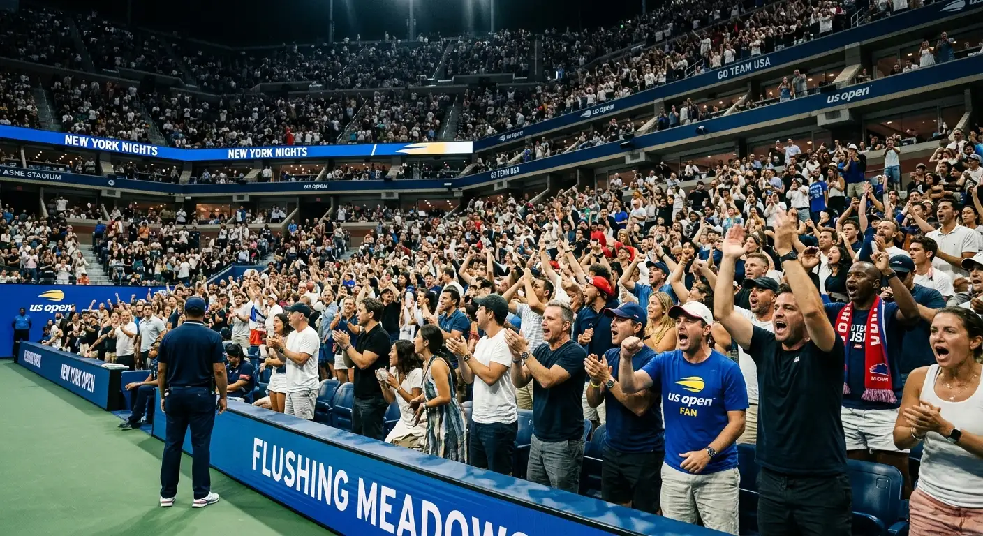 A loud, partisan US Open crowd watching a night session under the floodlights