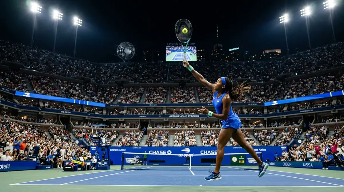 A floodlit US Open night match in a packed New York arena