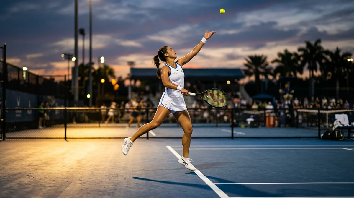 A tennis player serving under bright stadium lights during an evening match