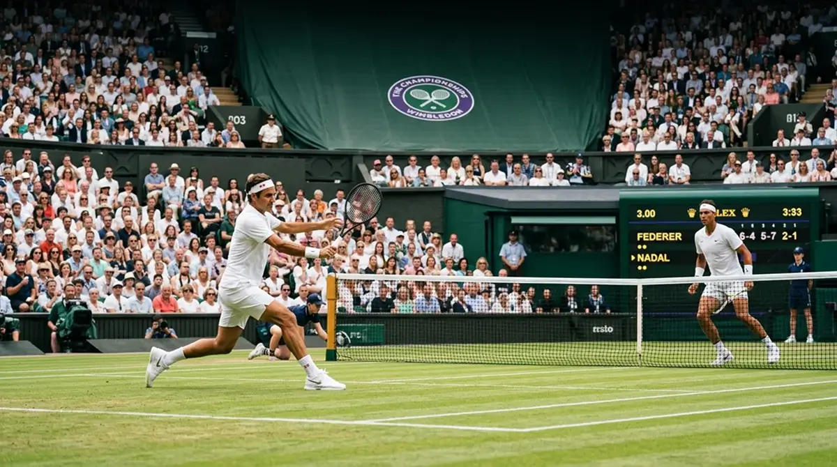 Centre Court at Wimbledon with the famous green grass and packed stands