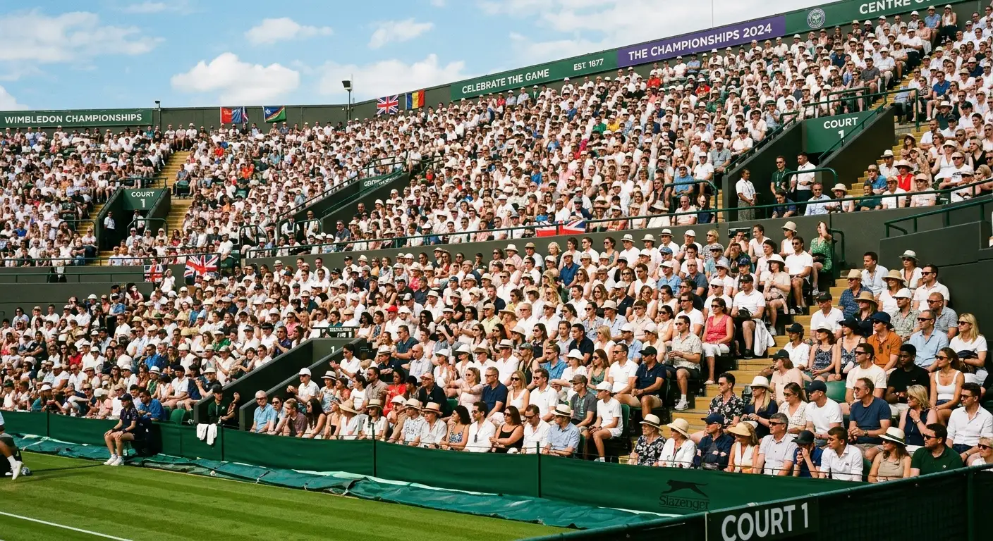 A packed Wimbledon crowd watching a grass-court match on a sunny afternoon