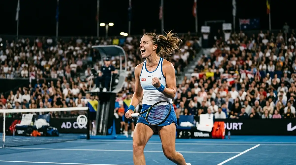 A women's WTA player celebrating a momentum-shifting break of serve