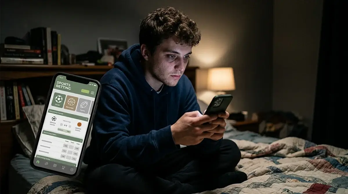 A young adult betting on a phone, the group most exposed to gambling risk